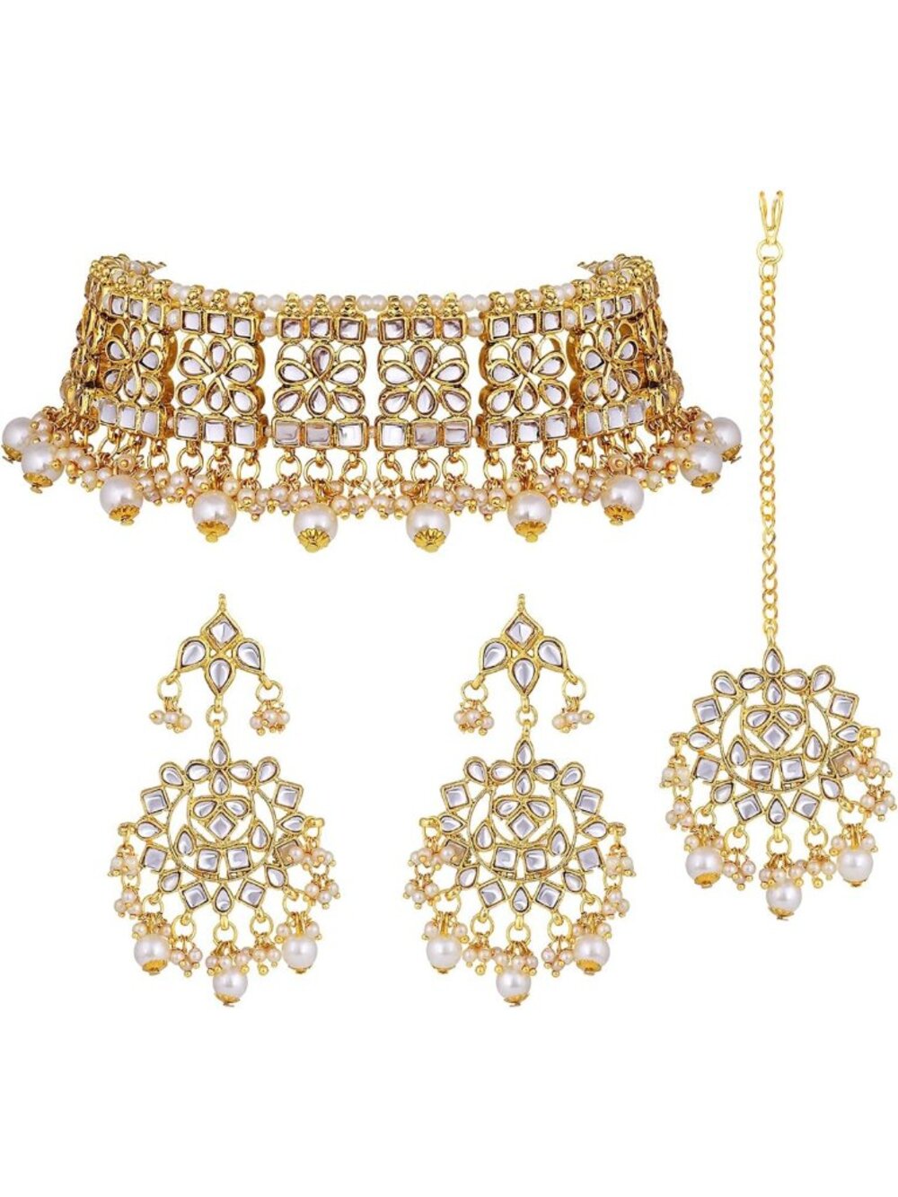 Gold Plated Kundan Choker Set with Earrings & Maang Tikka - Ethnic Bollywood
